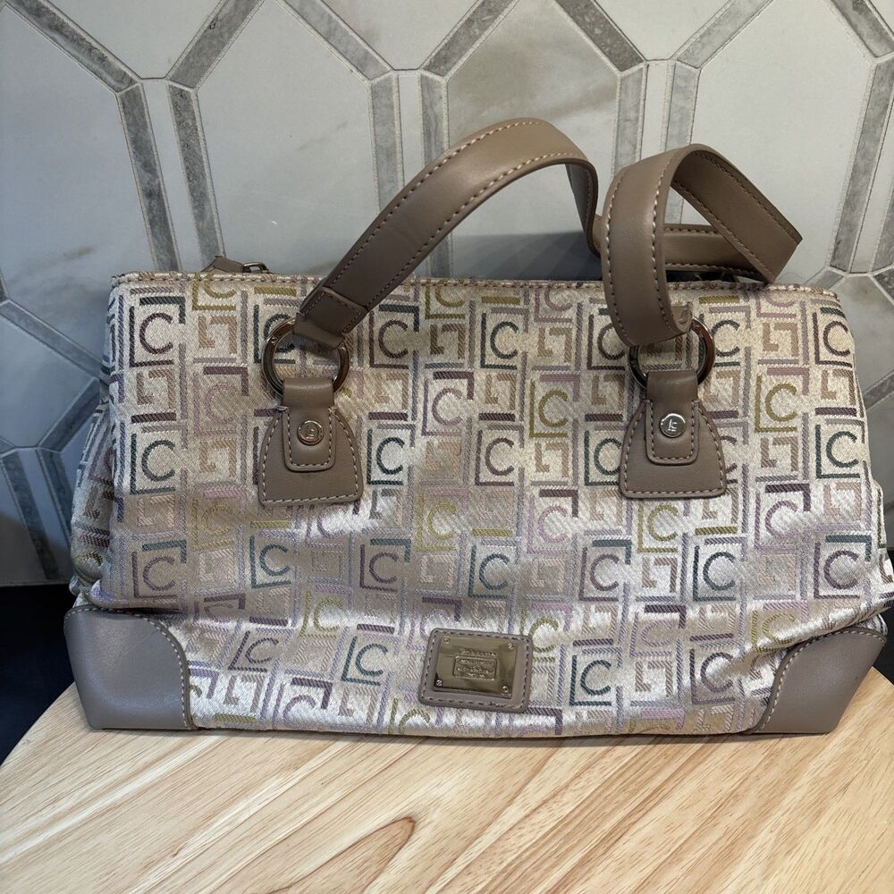 Vintage Liz Claiborne Handbag Beige Silver Two Handle Monogram Satchel Y2K